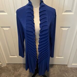 Chicos Travellers size L Ruffled Open Front Cardigan in Royal Blue
